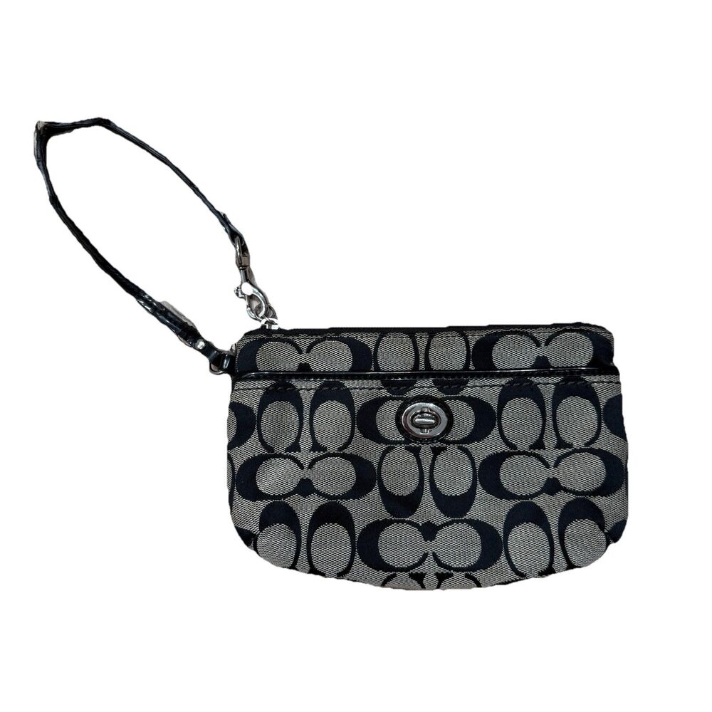 Coach Signature Wristlet Black Gray Jacquard Canvas Zip Turn Lock Bag Pouch